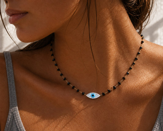 Evil Eye Obsidian Chip Bead Necklace